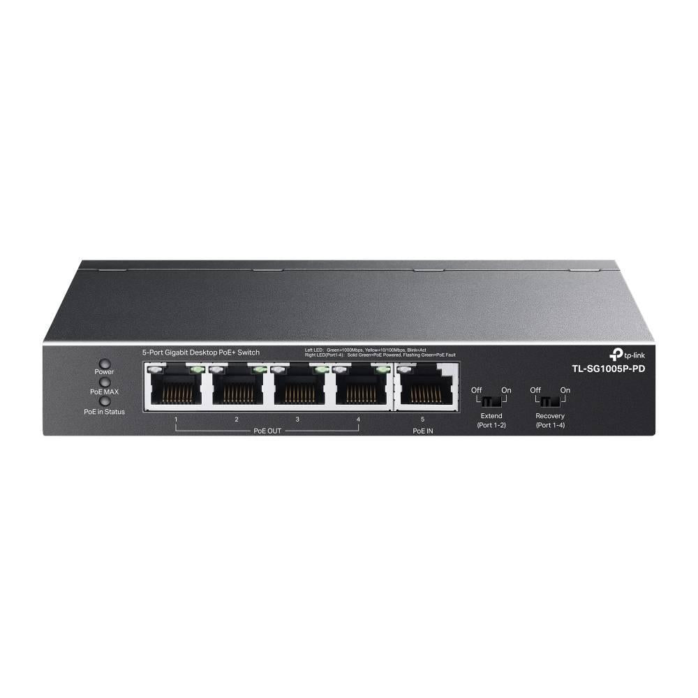Switch Omada Smart de 5 puertos Gigabit, 1 entrada PoE++ y 4 salidas PoE+ para exterior