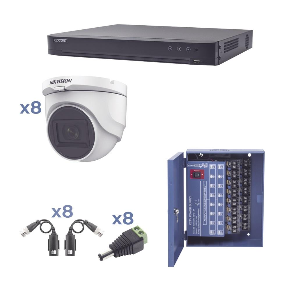Kit TURBOHD 1080p / DVR 8 Canales / 8 Cámaras Turret (exterior 2.8 mm) / Conectores / Transceptores / Fuente de Poder