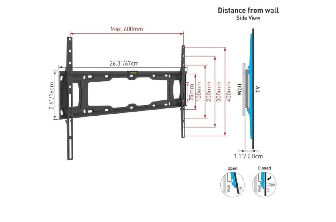Soporte de Pared Barkan E400+ para Pantalla Fijo/Curvo/Plano 32 - 90, hasta 60Kg, Negro
