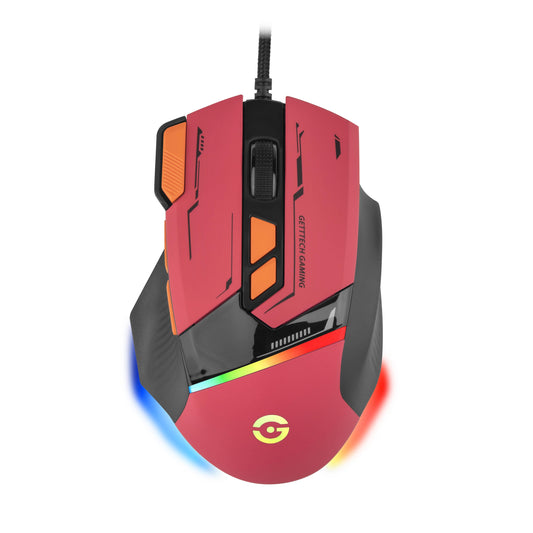 GETTTECH MOUSE GAMER, SENSOR 725F, ILUMINACION RGB PERSONALIZABLE, HASTA 7200 DPI, COLOR ROJO NARANJA, MOD. GPM-RGBWR-G1-RD