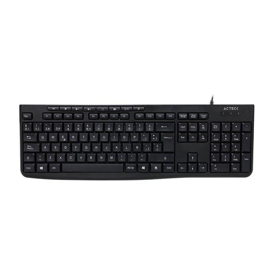 Teclado Estándar Inspire Prime TA222 Acteck Essential Series Teclado Alámbrico USB, 112 Teclas, 8 Teclas Multimedia, Largo de Cable 1.5m, Color Negro