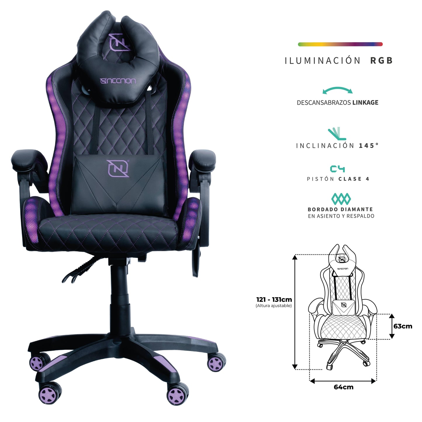 SILLA GAMER RGB INCLINACION RESPALDO 145 CLASE 4 140-150KG NSG-RGB1 FOAM 350MM 63CM*64CM*121-131CM COJIN LUMBAR Y CABEZA NEGRO/ROSA