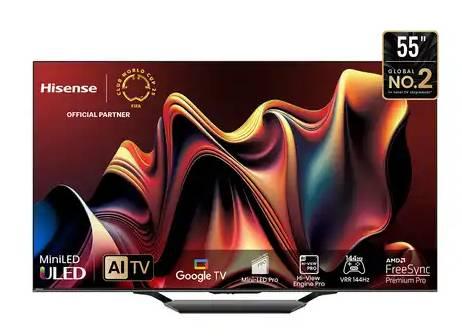 Televisiones Hisense 55U7N, 55 pulgadas, LED 4K, 3840 x 2160 Pixeles, 8 ms, MiniLED Google TV