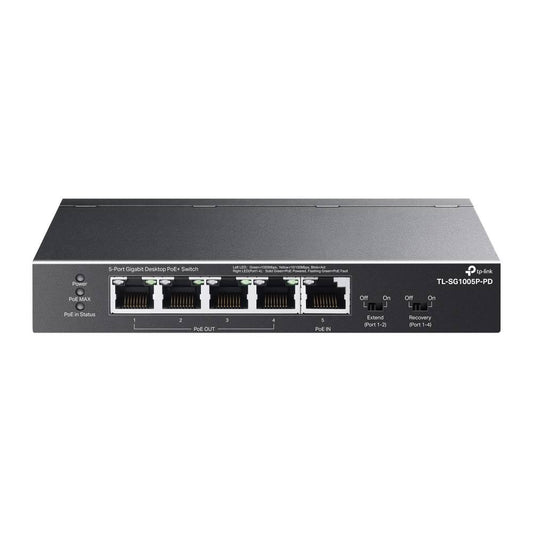 Switch Omada Smart de 5 puertos Gigabit, 1 entrada PoE++ y 4 salidas PoE+ para exterior