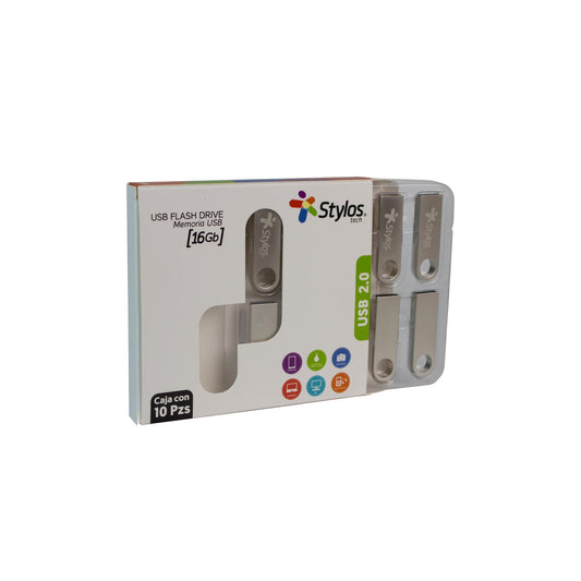 Paquete 10 USB 16GB Metálico STYLOS STUSB1016