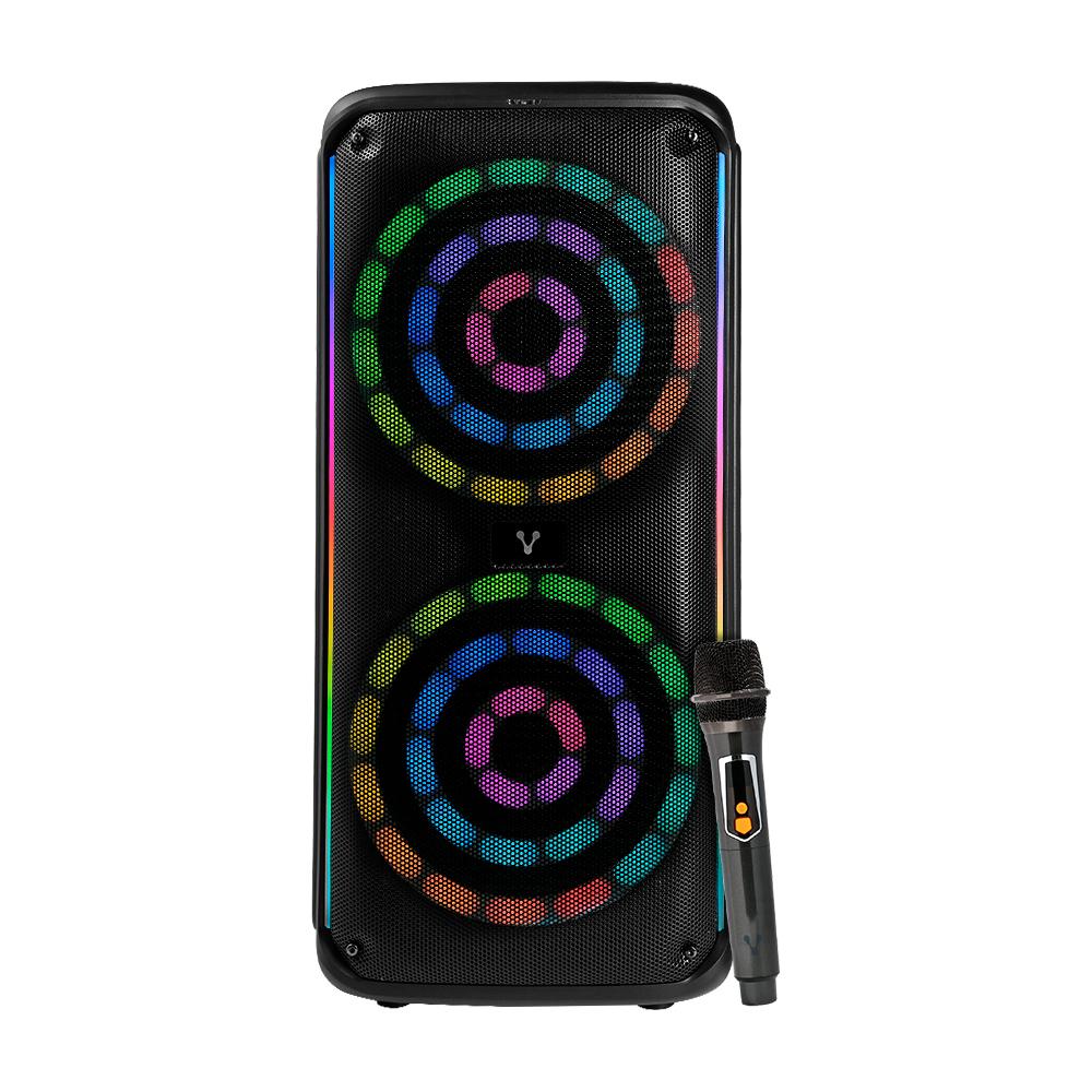 BAFLE VORAGO KSP-503 NEGRO 2X8 2X30WATTS RMS TECNOLOGÍA DSP / USB / MSD/ 3.5MM /  RECARGABLE / TWS BT 5HRS CARGA USB TIPO C / MICRÓFONO INALÁMBRICO