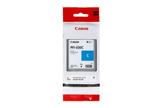 Tanque de tinta CANON PFI-030, Cian, Tecnología de impresión inyección de tinta. Compatible con  Plotter Canon TA-20 y TA-30. Capacidad 55 ml