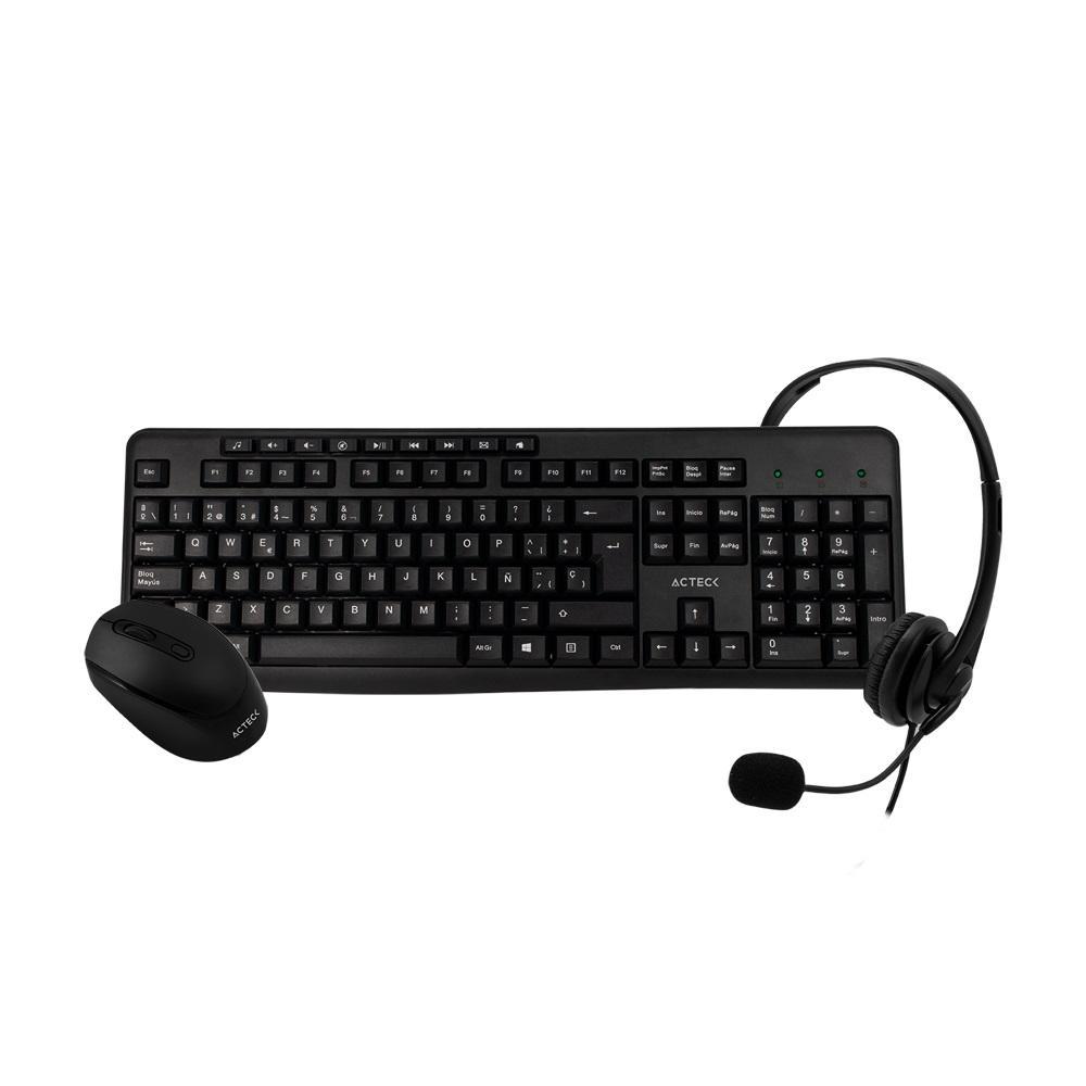 Kit de Oficina: Teclado, Mouse y Audífonos ACTECK AC-931687, 105 Teclas, Mouse: Inalámbrico, Receptor USB, 3 Botones + Scroll, Audífono Audio y Micrófono