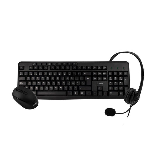 Kit de Oficina: Teclado, Mouse y Audífonos ACTECK AC-931687, 105 Teclas, Mouse: Inalámbrico, Receptor USB, 3 Botones + Scroll, Audífono Audio y Micrófono