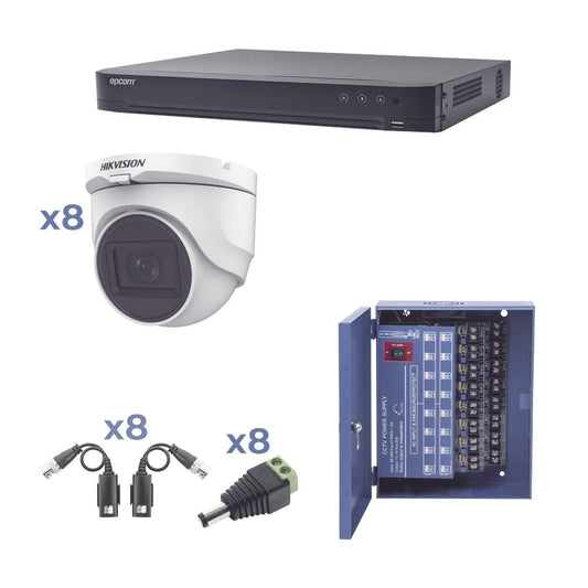 Kit TURBOHD 1080p / DVR 8 Canales / 8 Cámaras Turret (exterior 2.8 mm) / Conectores / Transceptores / Fuente de Poder